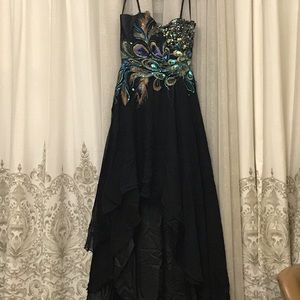 Black, formal, high-low, strapless dress